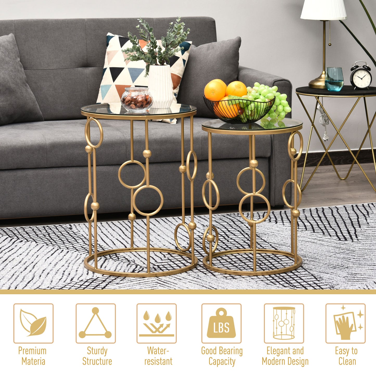 Basu Metal Gold and Glass Set Of 2 Round Nesting Coffee Tables