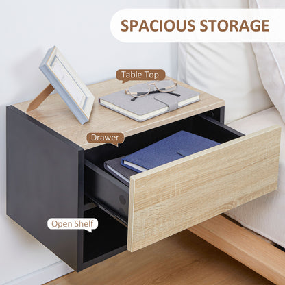 Sebato Set of 2 Oak Effect Wooden Floating Bedside Tables With Drawer And Shelf Wall Mounted 46 x 30 x 30 cm