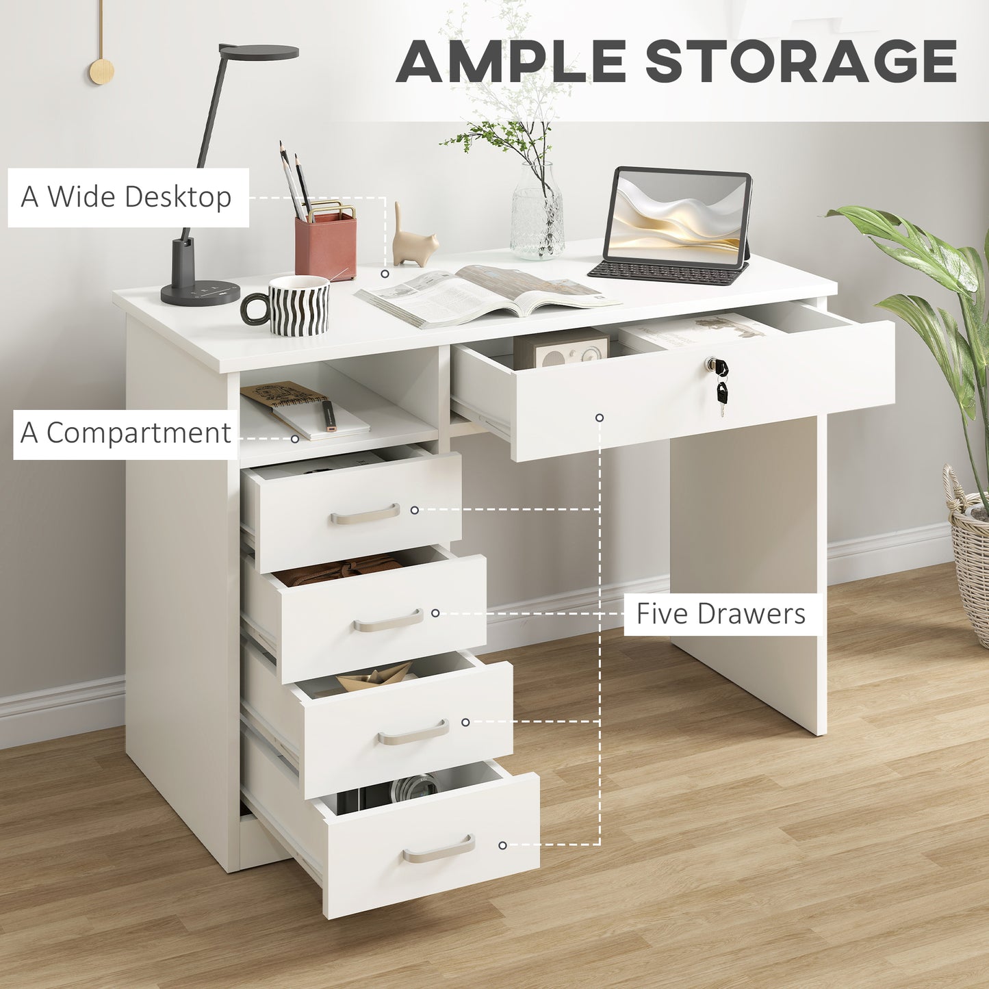 Fizita 110cm White Home Office Desk With 5 Storage Drawers
