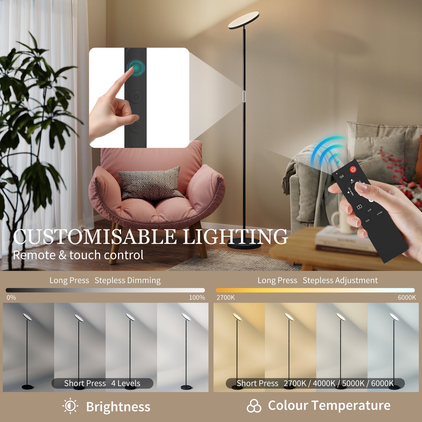 Niba Metal Black LED Uplighter Floor Lamp With Remote Touch Control And Adjustable Head