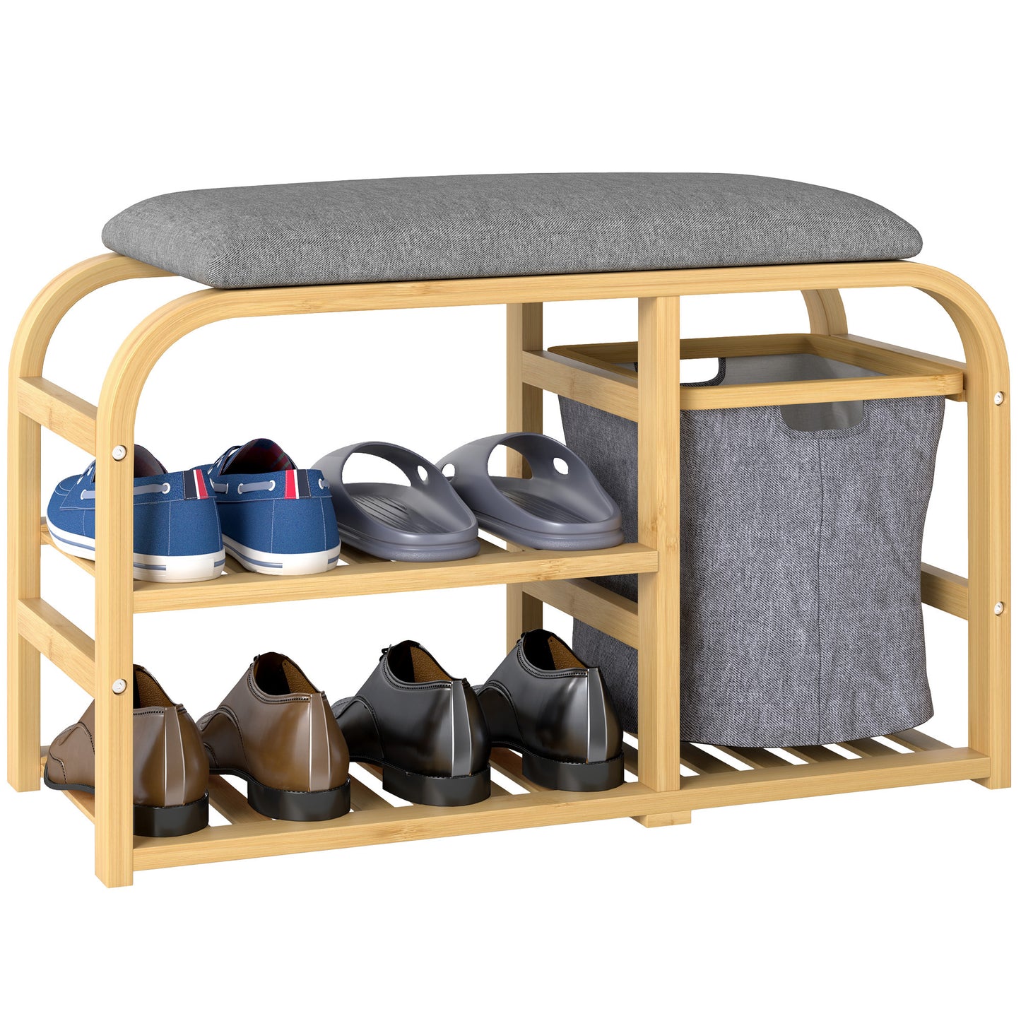 Mira Bamboo Natural Shoe Bench With Grey Padded Seat