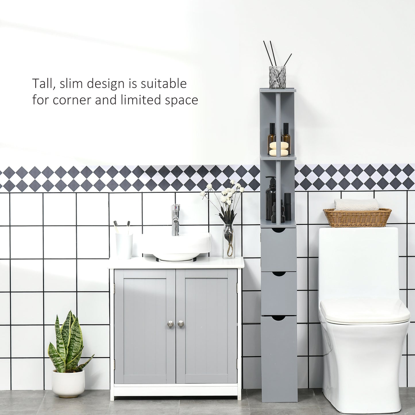 Keli Falo Slim Freestanding Bathroom Storage Cabinet With Shelves And Drawers In Grey