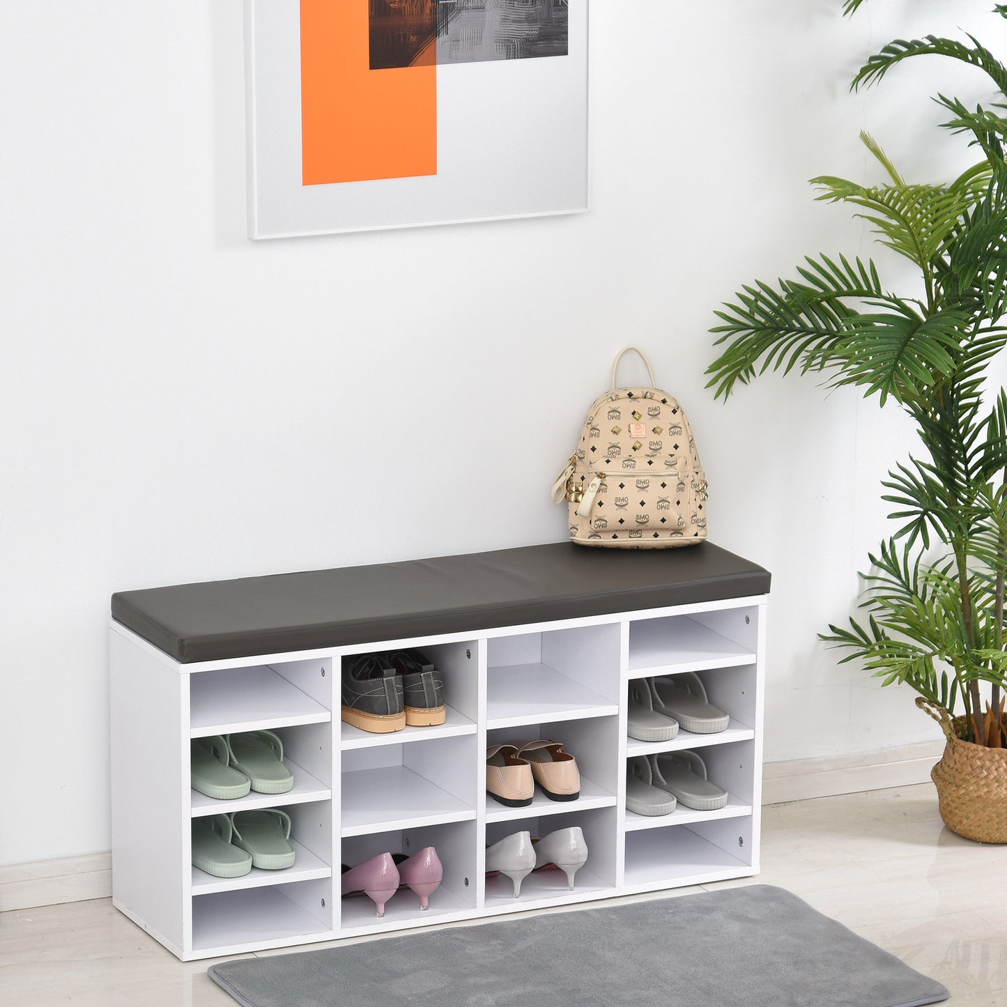 Noro Wooden White Multi Compartment Shoe Rack With Grey Cushion