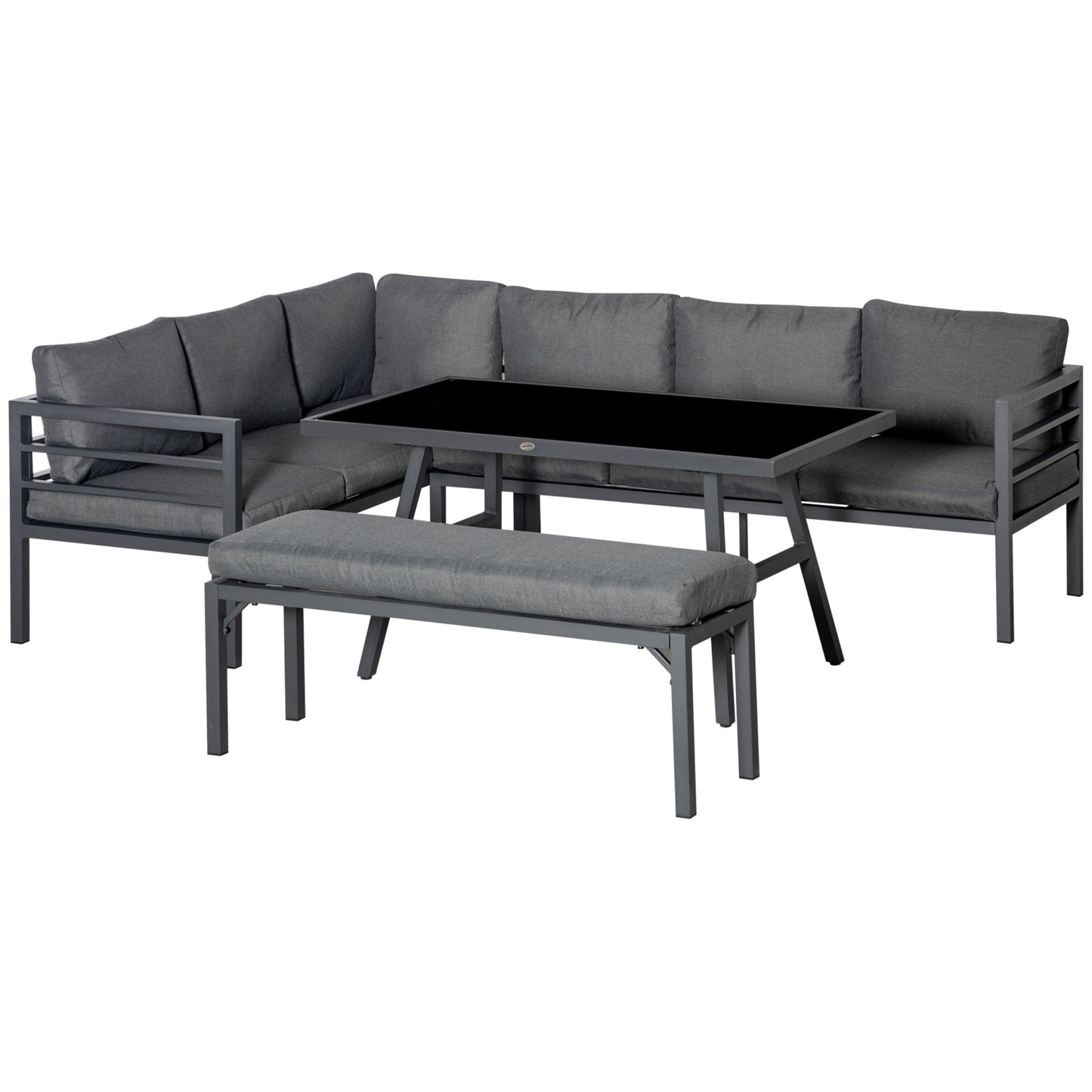 Rovama 8 Seater L-Shaped Garden Furniture Set with Glass Coffee Table and Bench
