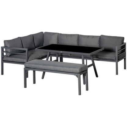 Rovama 8 Seater L-Shaped Garden Furniture Set with Glass Coffee Table and Bench