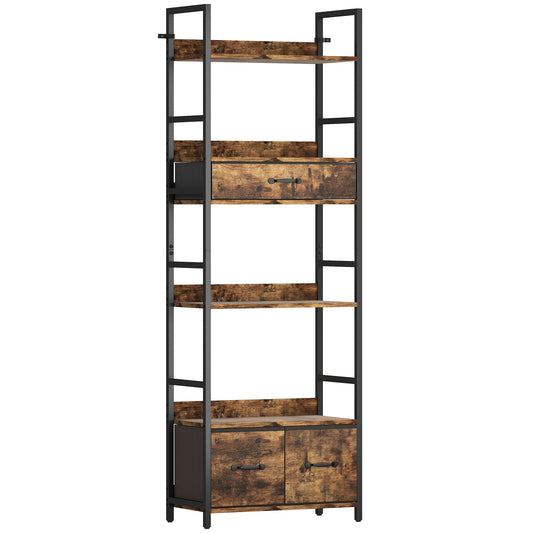 Cova Zise Metal And Wood Brown And Black Industrial Bookcase With 4 Shelves And Fabric Drawers