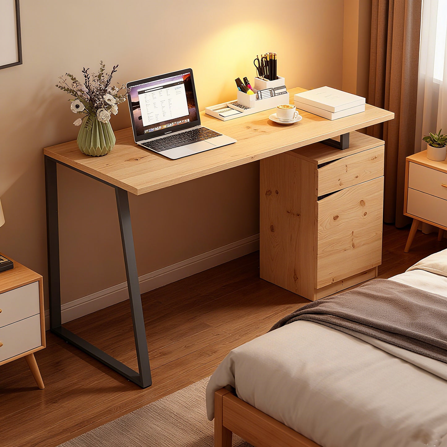 Nolole 135cm Natural Wood Home Office Desk With Storage Drawer and Cabinet
