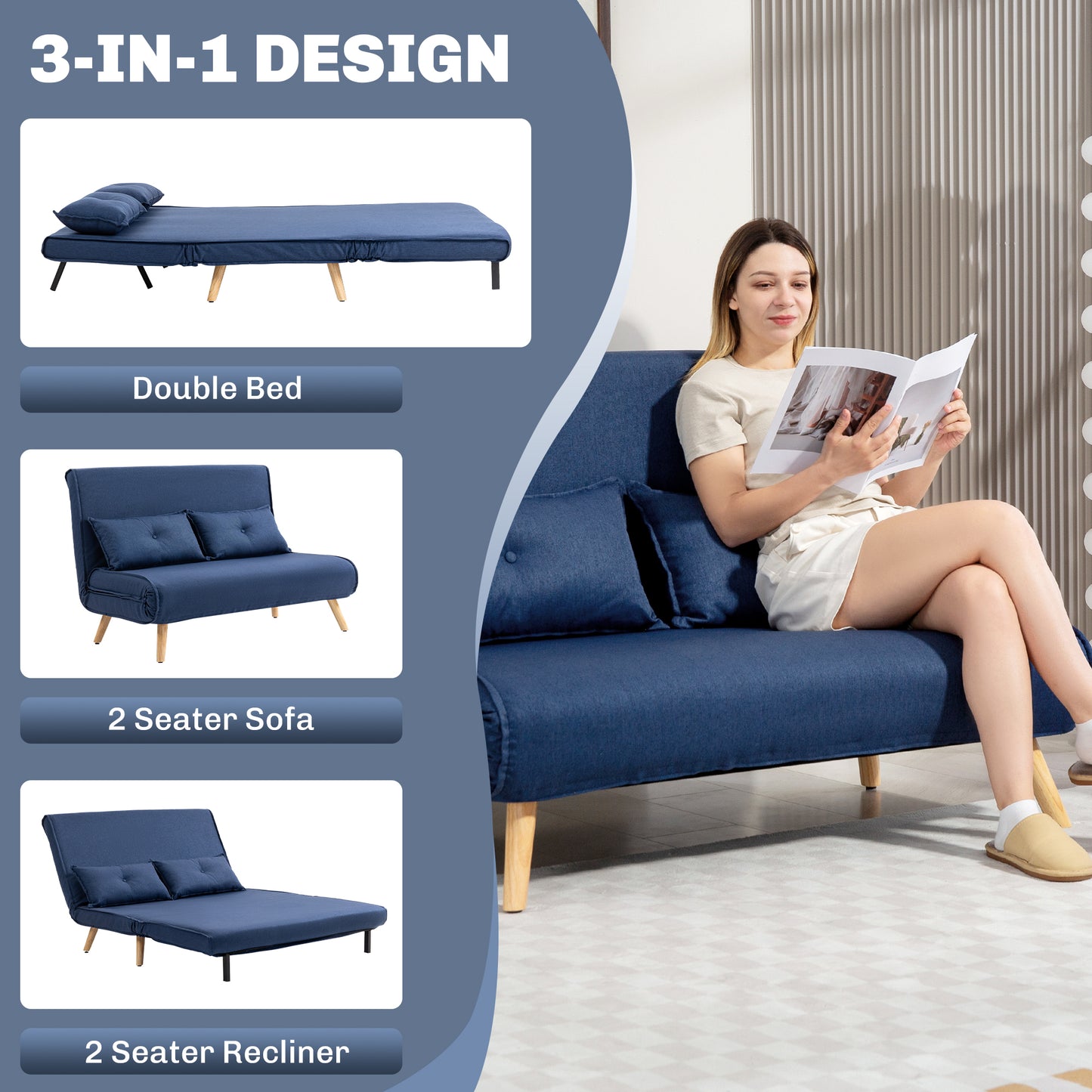 Roluzi Linen Look Dark Blue 2 Seater Sofa Bed