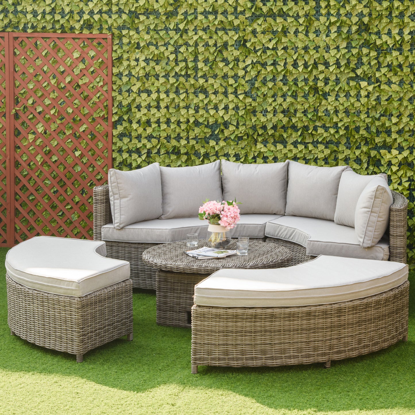 Rolipa Faux Rattan Grey 5 Piece Round Outdoor Daybed Set With Lift Up Coffee Table And Cover