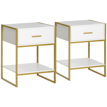 Niva White And Gold Set Of 2 Modern Bedside Tables With Drawer And Shelf
