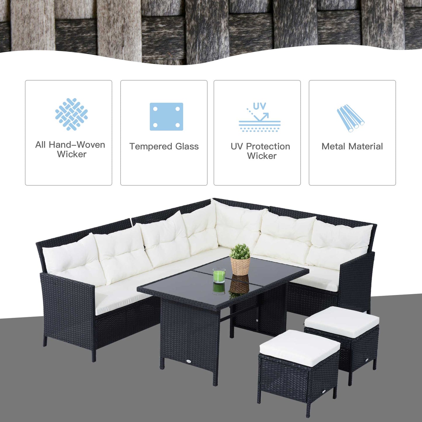 Semapa Rattan Black 8 Seater Corner Dining Sofa Set With Coffee Table Footstool And White Cushions