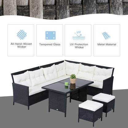 Semapa Rattan Black 8 Seater Corner Dining Sofa Set With Coffee Table Footstool And White Cushions