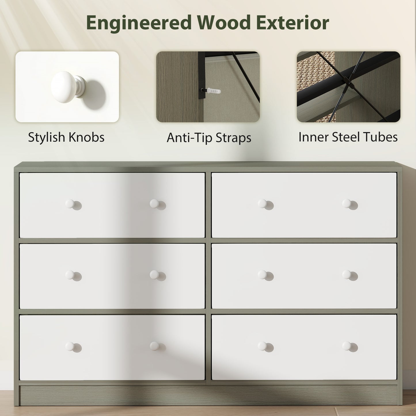 Nafiso Fabric And Wood White And Grey 6 Drawer Storage Dresser