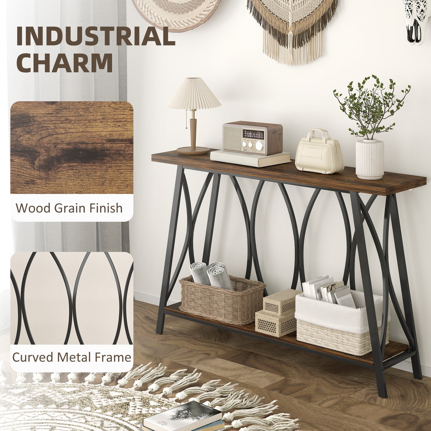 Raneve Metal And Wooden Rustic Brown 2 Tier Industrial Console Table 120 x 30 x 80 cm