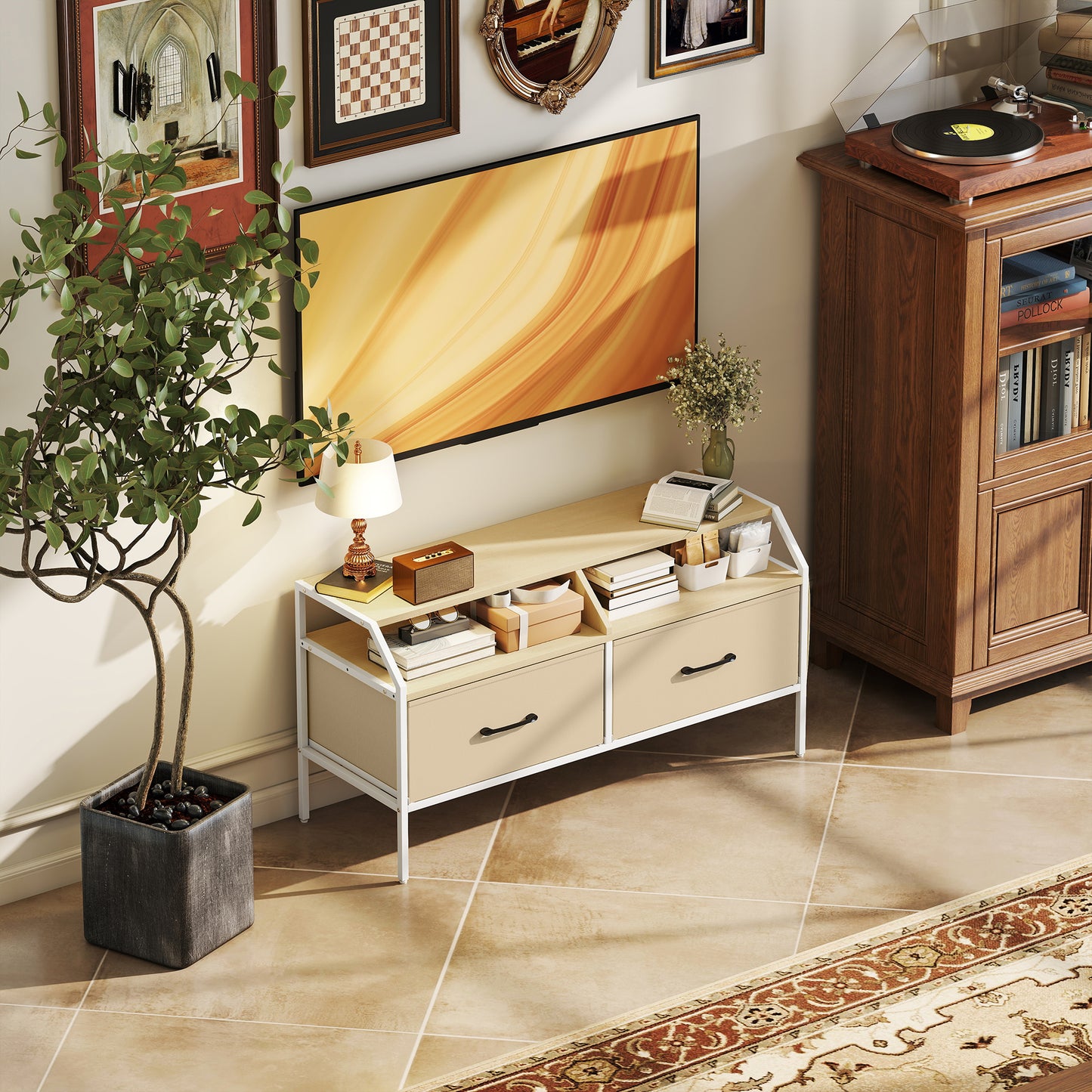 Avamira Small 98cm Natural and White TV Stand With Foldable Drawers for TV's up to 55 Inches