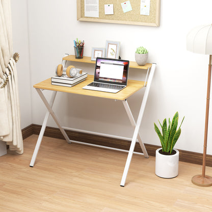 Lune 86cm Maple Wood Effect Folding Desk With 2 Tier Storage Shelves