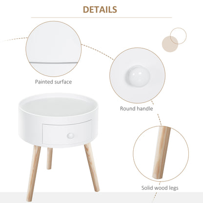 Taloso Wood White Round Bedside Table With Drawer And Natural Wooden Legs