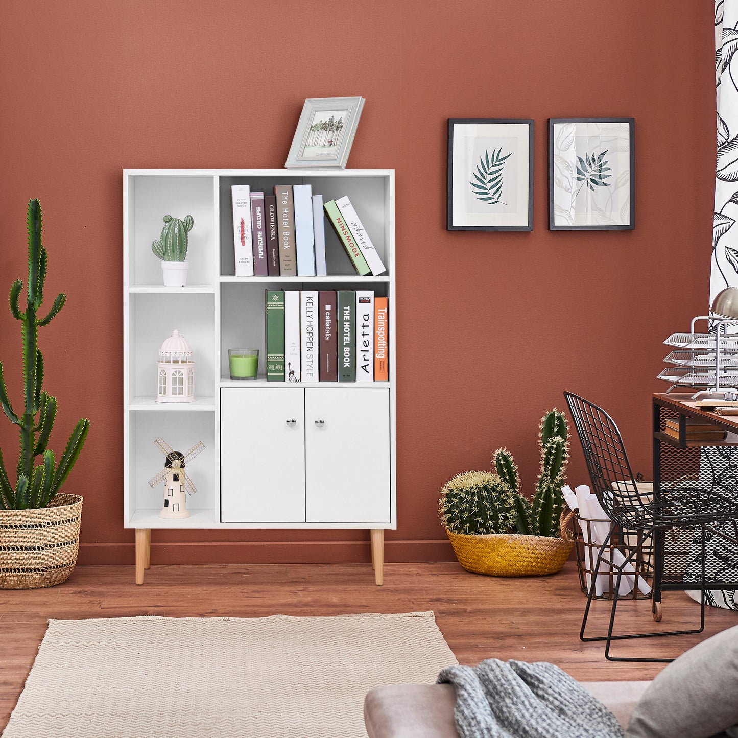 Tora Lesa Wood White Sideboard Bookcase With 2 Doors And 5 Storage Compartments