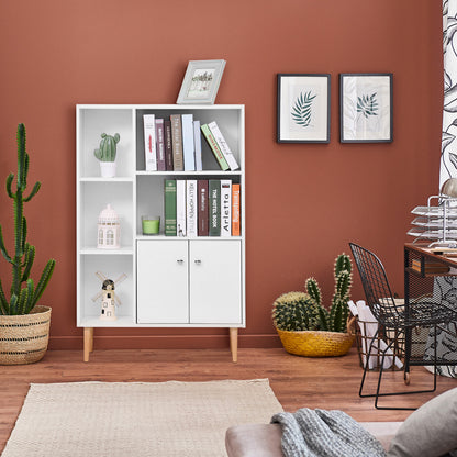 Tora Lesa Wood White Sideboard Bookcase With 2 Doors And 5 Storage Compartments