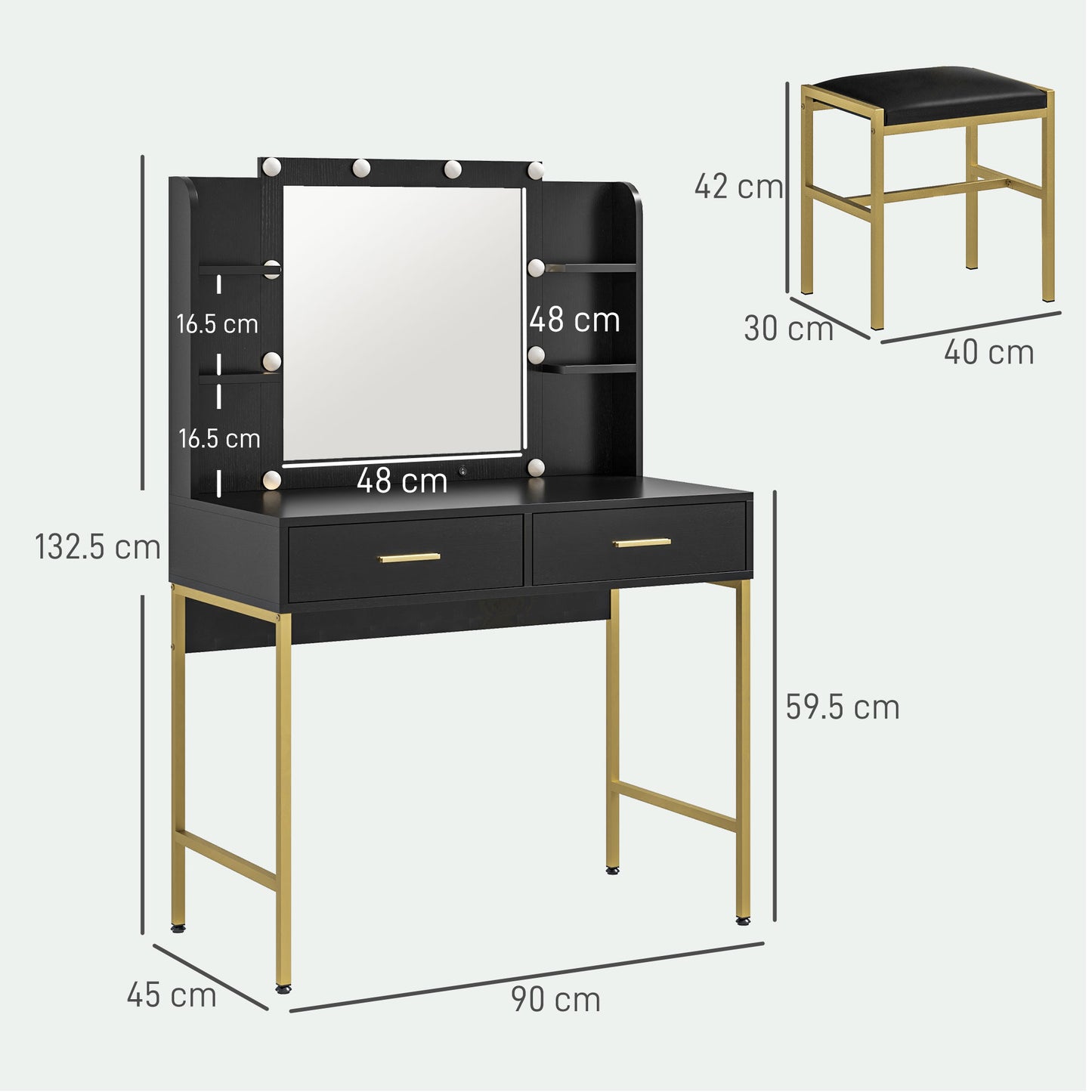 Taso Kana Black Dressing Table And Stool Set With Integrated Storage