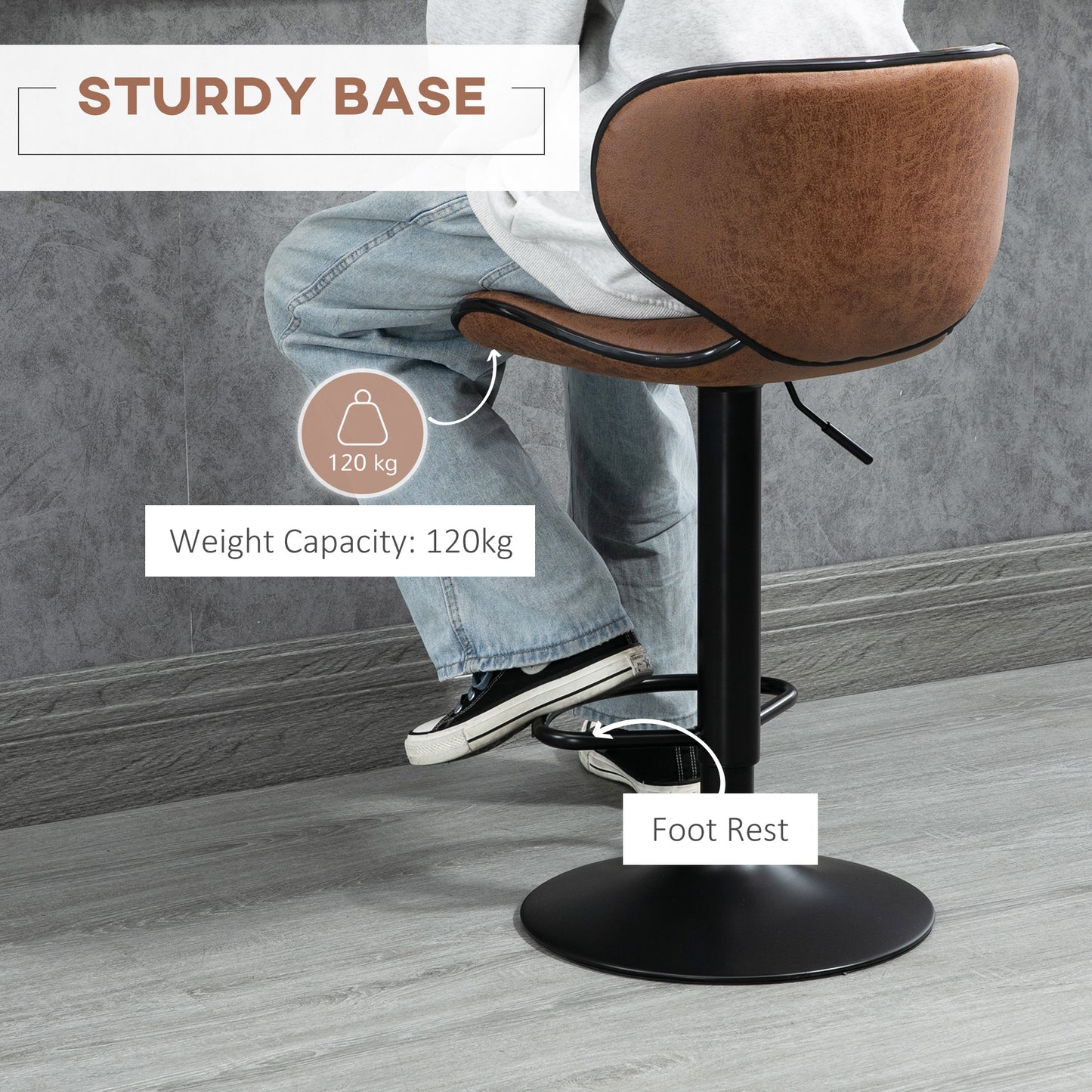 Bama Microfiber Brown Adjustable Swivel Bar Stools Set Of 2 With Armless Design