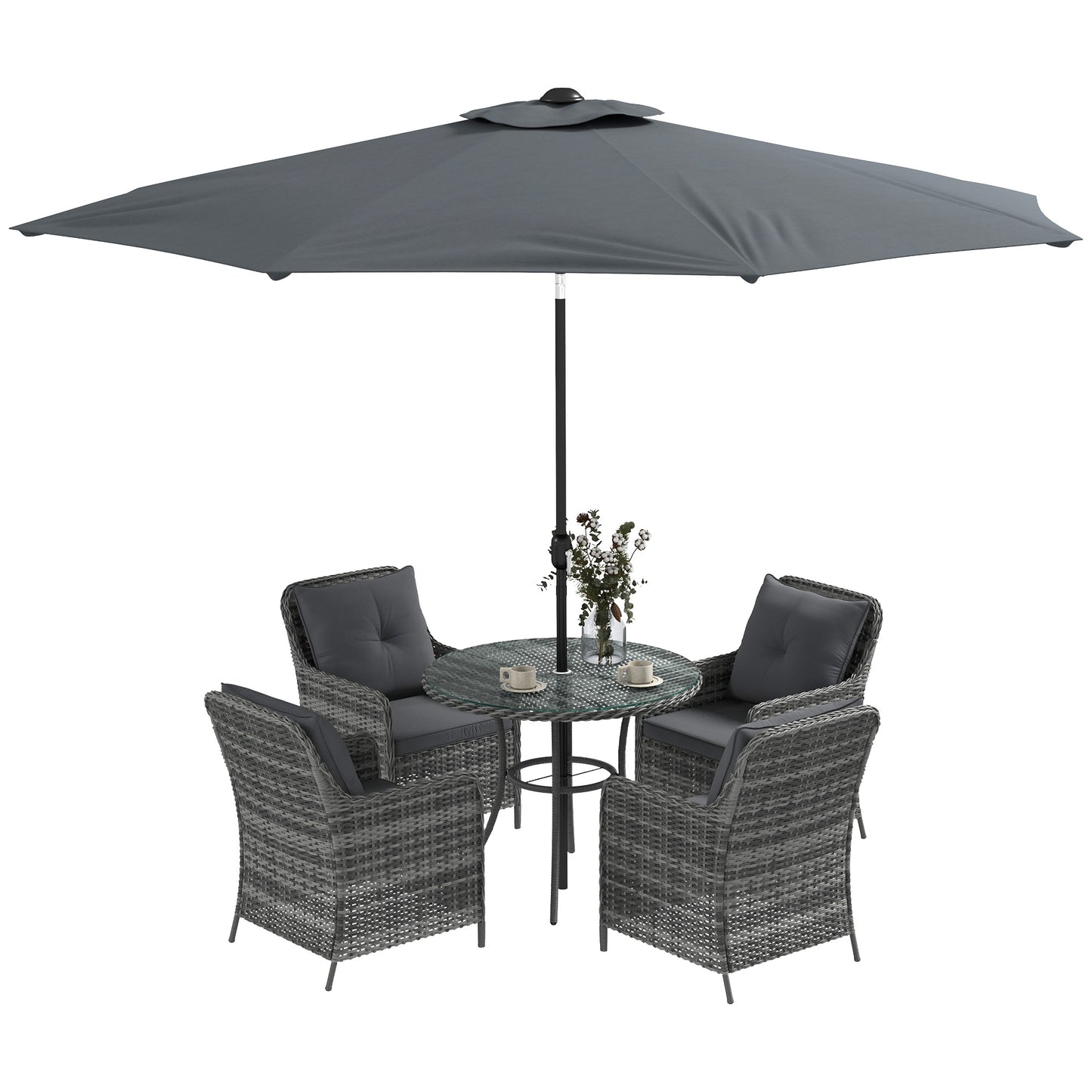 Rolana Nivi 4 Seater Rattan Grey Outdoor Dining Set With Parasol And Cushions