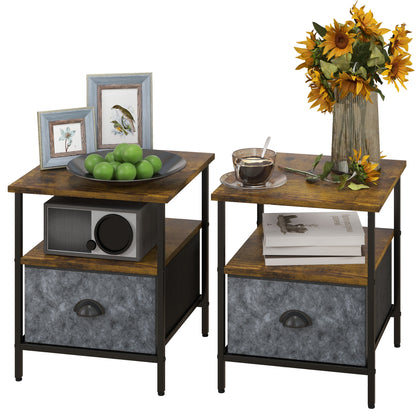Nehayo Set of 2 Wooden Rustic Brown Bedside Tables With Grey Fabric Drawers