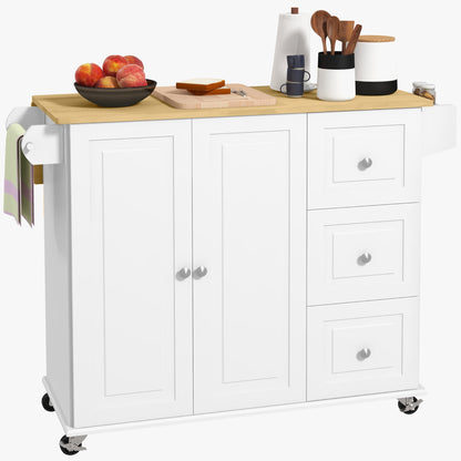 Cosoco Noli Wooden White Rolling Kitchen Island With Drop Leaf Drawers Spice Rack And Towel Rail