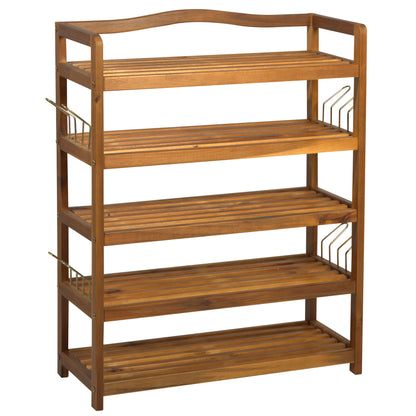 Leno Acacia Wood Teak 5 Tier Shoe Rack With Hangers For Up To 19 Pairs