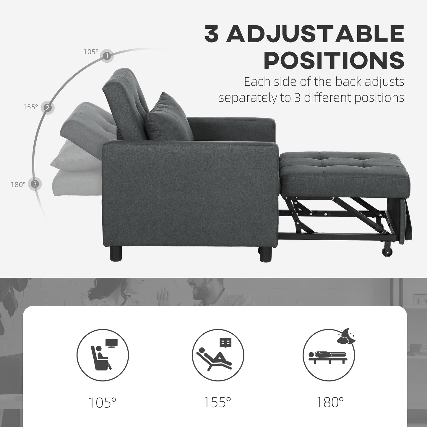 Loco Suro Dark Grey 3 In One Convertible Chair Bed With Adjustable Back Cushion And Footrest