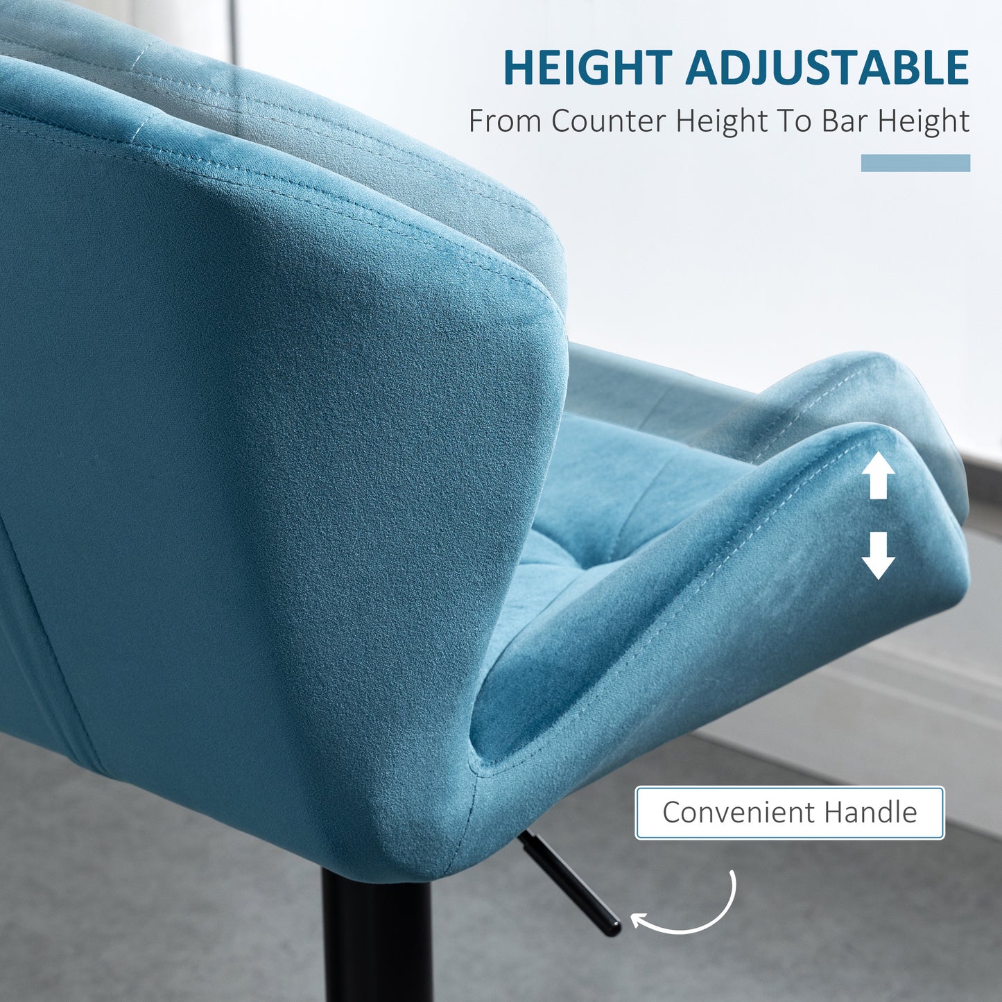 Rottira Velvet Blue Adjustable Swivel Bar Stools Set Of 2 With Sculpted Seat And Footrest