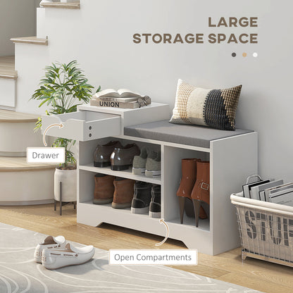 Norata Wooden White Multi Compartment Shoe Bench With Grey Cushioned Seat