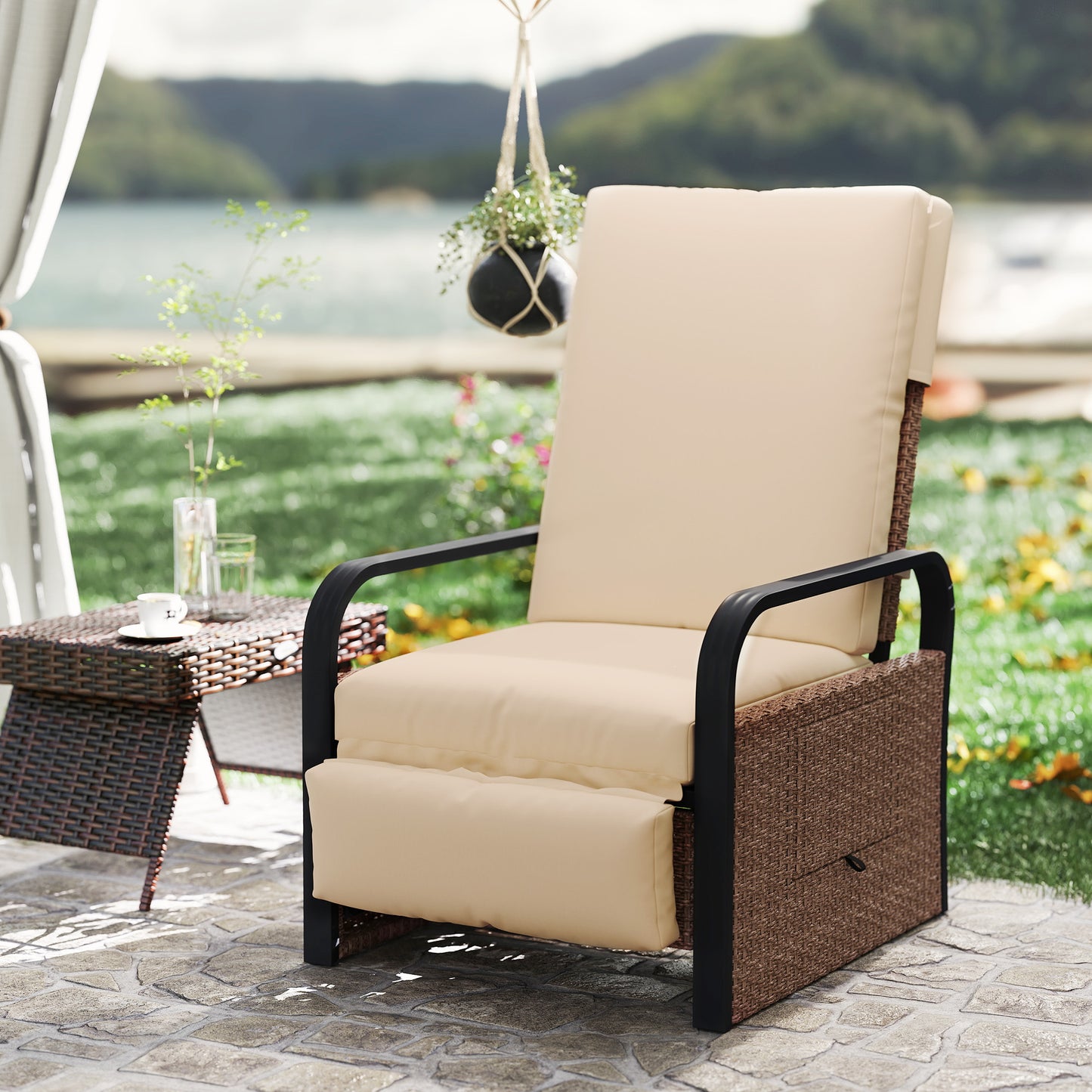 Ratenna Brown Rattan Cream Cushion Reclining Outdoor Armchair