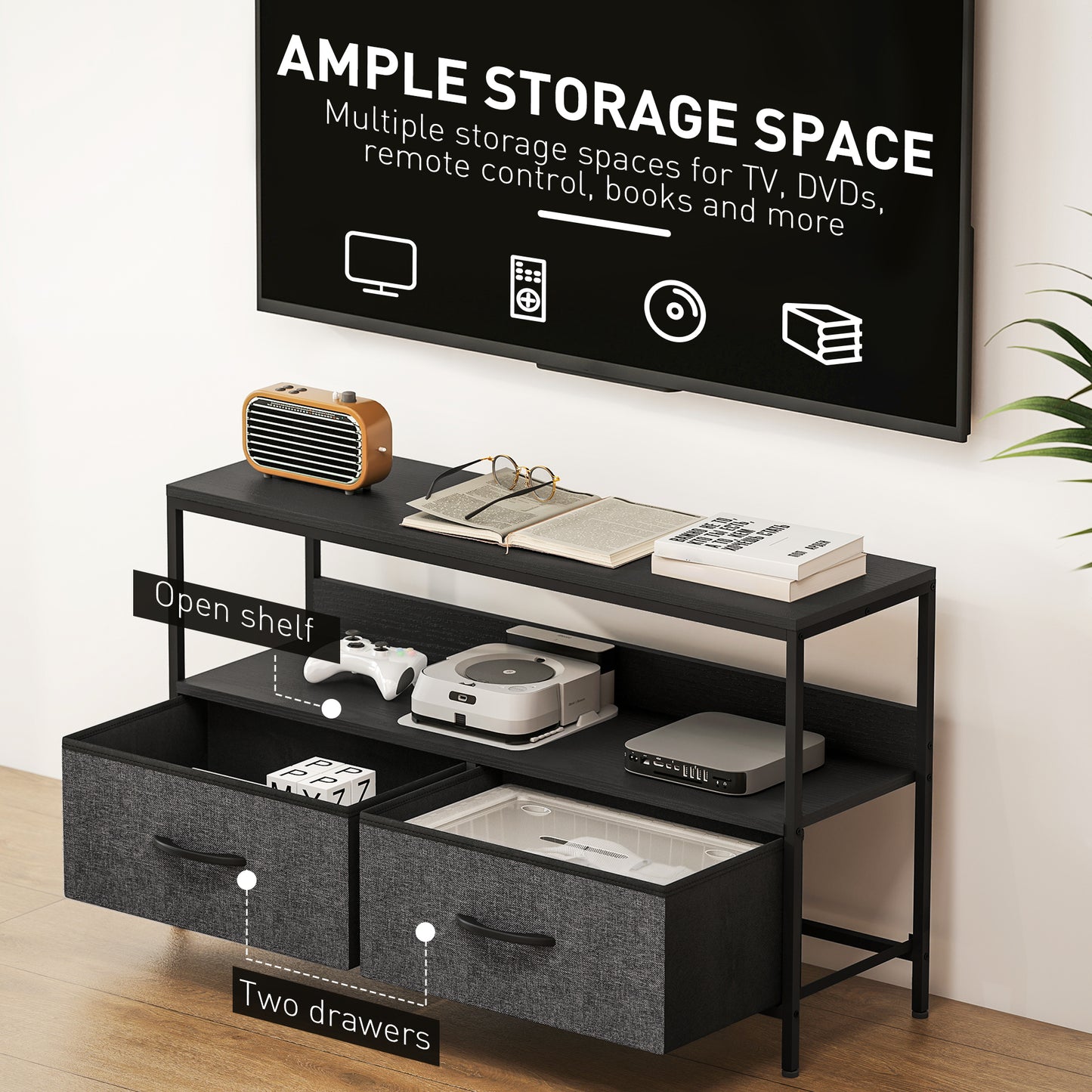 Avatera 98cm Black and Grey TV Storage Unit With 2 Fold Down Fabric Drawers