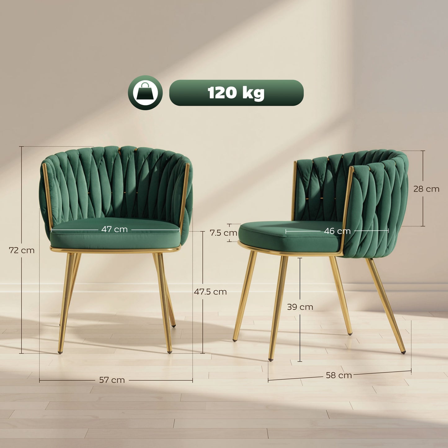 Sosura Set Of 2 Dark Green Velvet Upholstered Dining Chairs With Woven Backrest