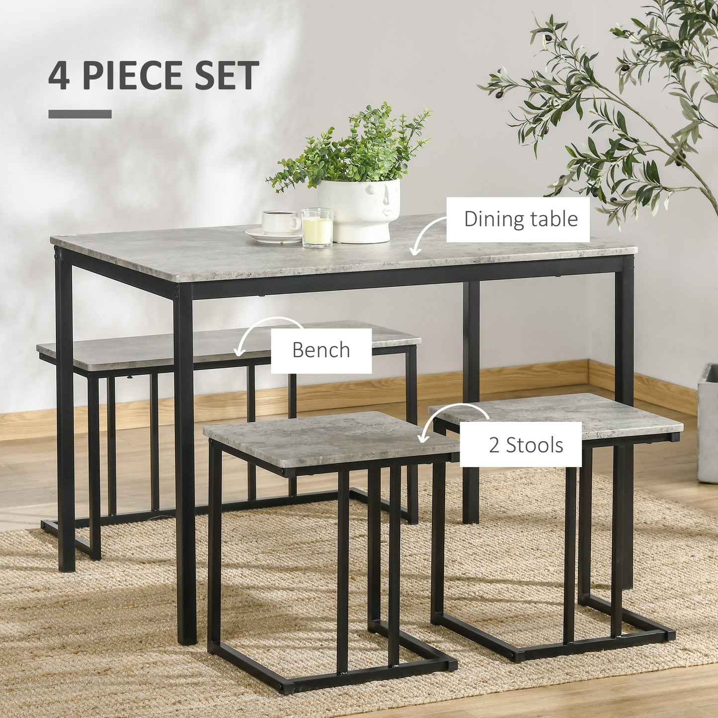 Suroso Metal And Wood Grey Concrete Effect Dining Table And Bench Set For 4