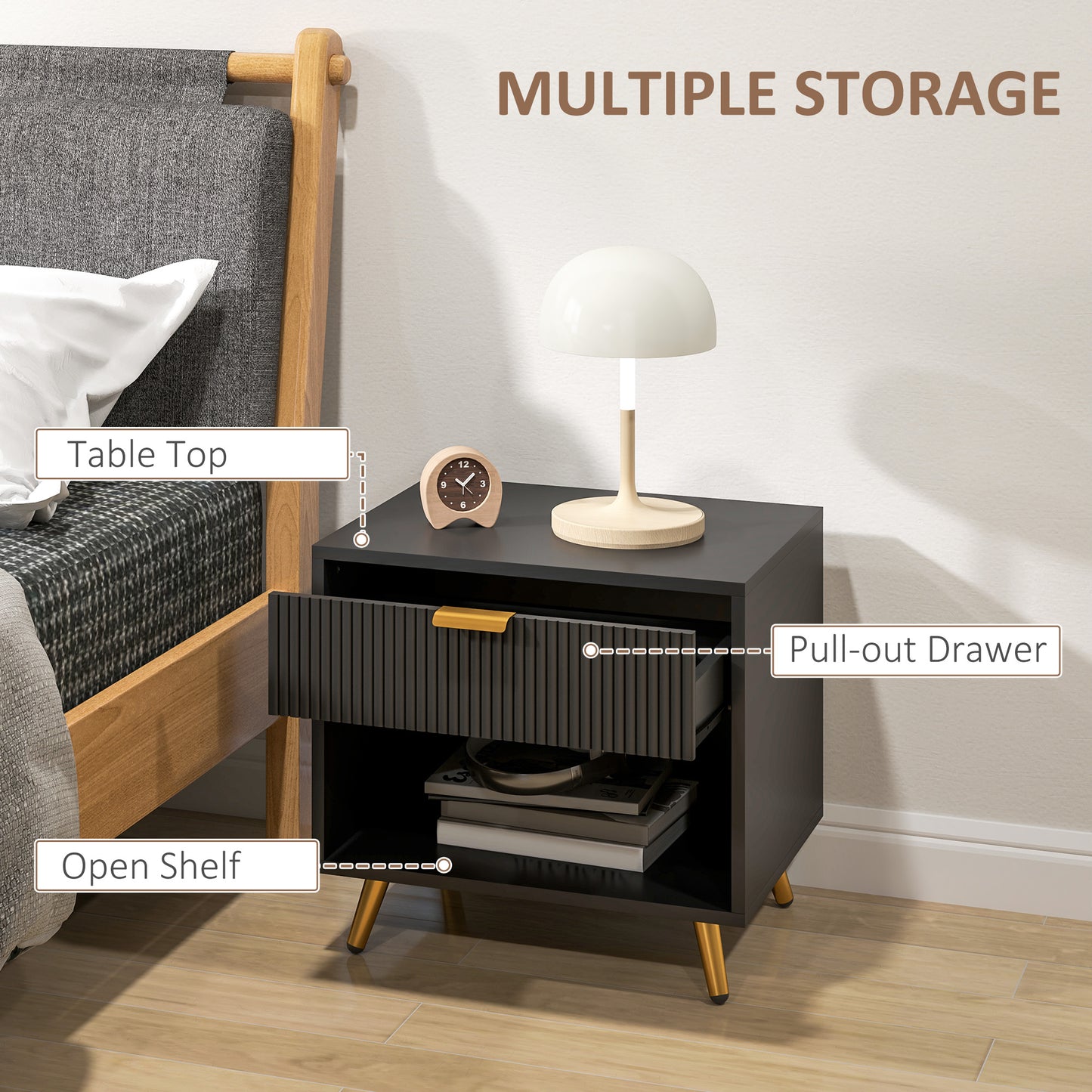 Hana Bano Black And Gold Tone Elegant Bedside Table With Ribbed Drawer And Shelf