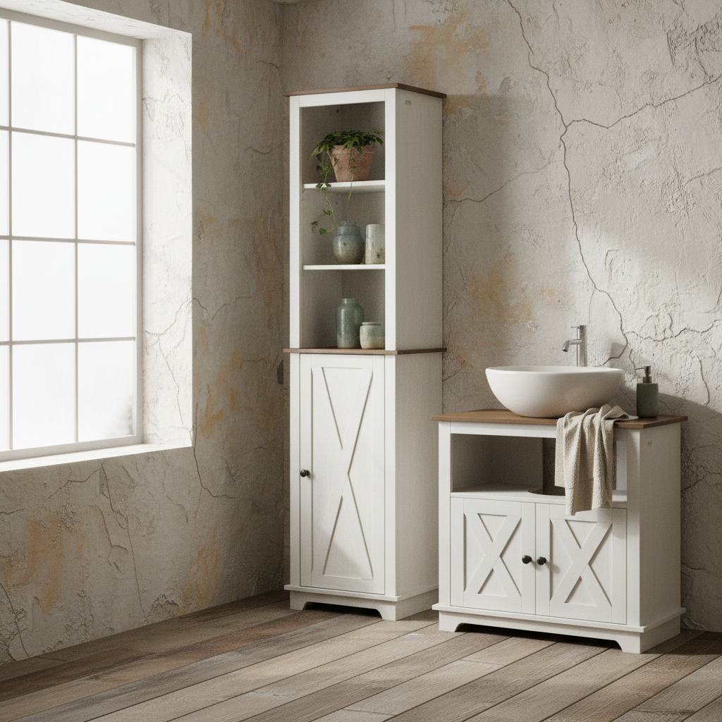 Dokala 2 Piece Bathroom Furniture Set With Tall Cabinet And Under Sink Storage Ash Wood Effect
