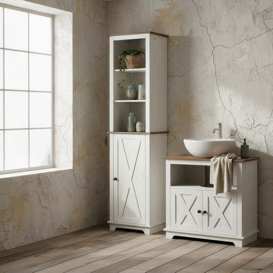 Dokala 2 Piece Bathroom Furniture Set With Tall Cabinet And Under Sink Storage Ash Wood Effect