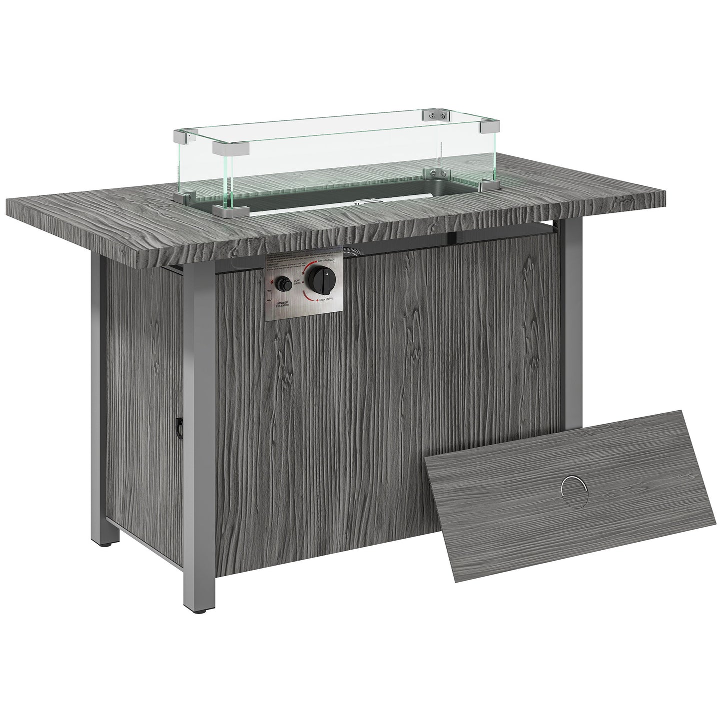 Luno Rectangular Steel Dark Grey Gas Fire Pit Table With Cover And Glass Screen