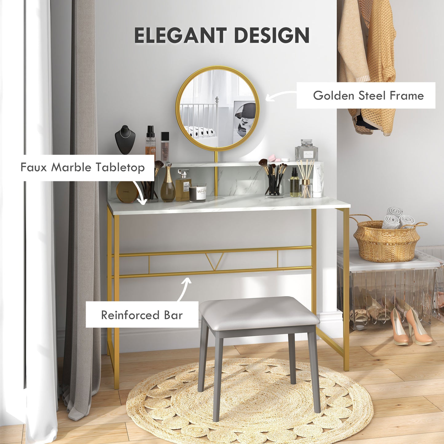 Toel White Faux Marble Dressing Table With Round Mirror Steel Frame And OFauxn Storage
