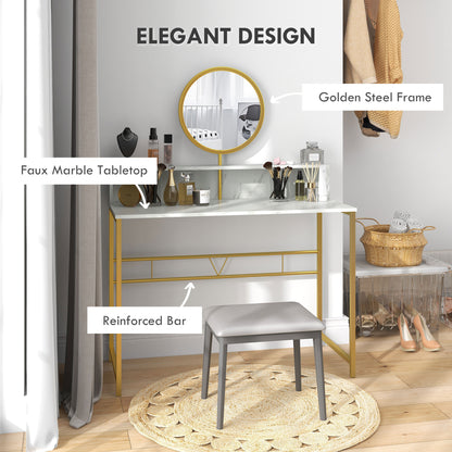 Toel White Faux Marble Dressing Table With Round Mirror Steel Frame And OFauxn Storage