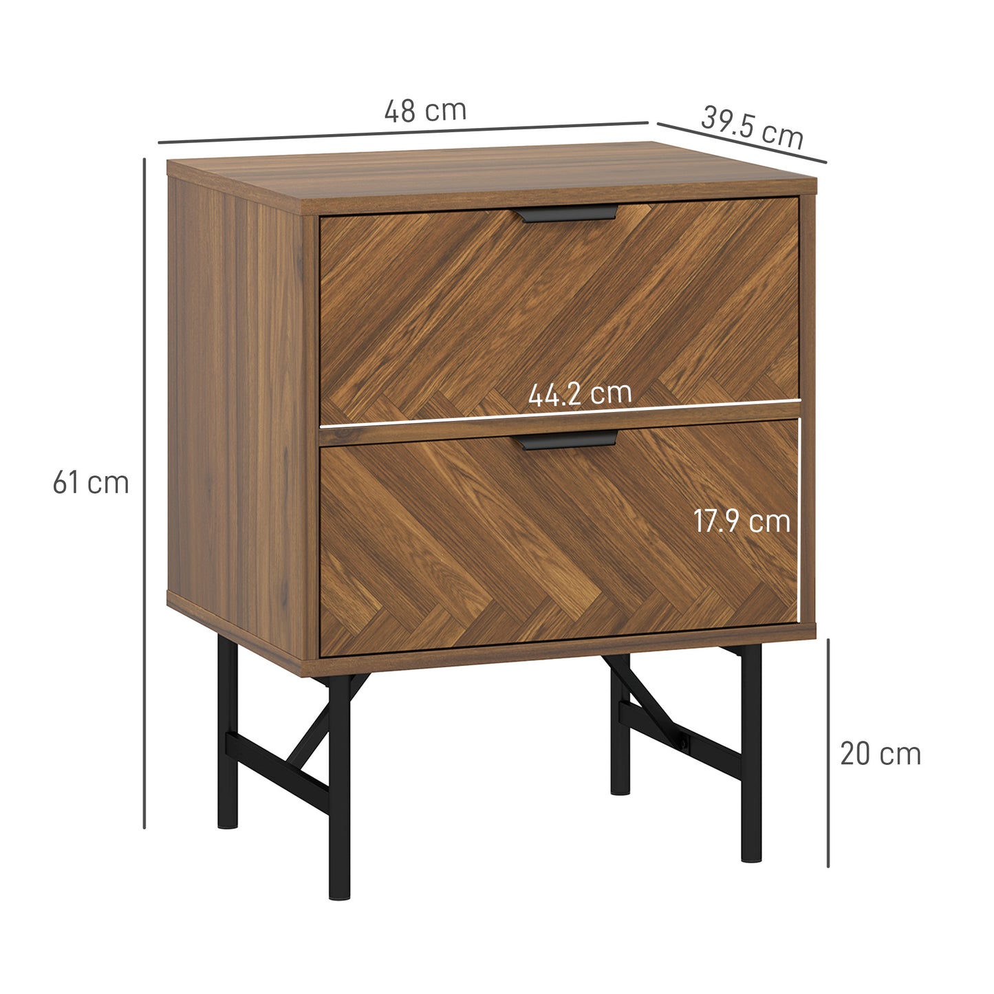 Vira Walnut Set Of 2 Brown Bedside Tables With Chevron Herringbone Pattern Black Metal Legs