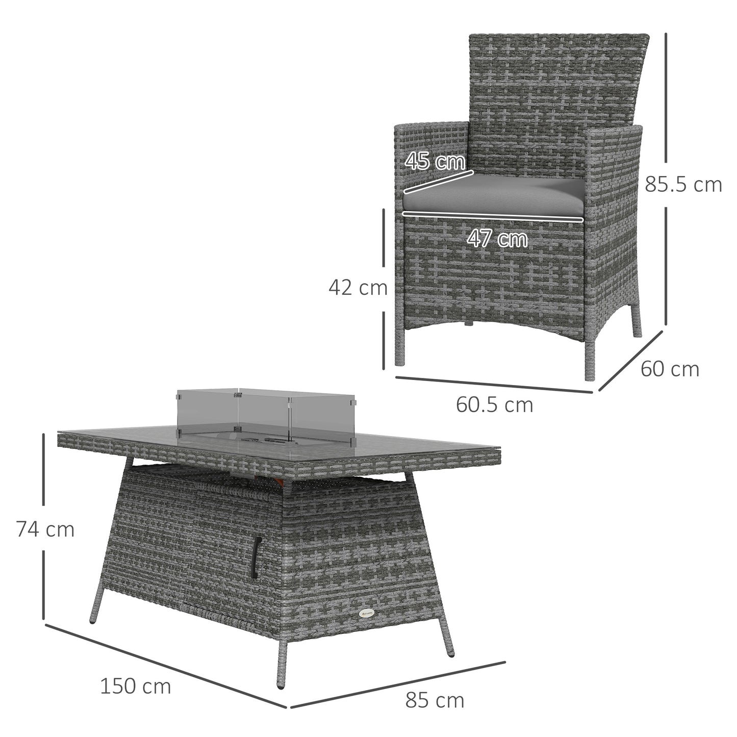 Ravezi Rattan Grey 6 Seater Garden Dining Set With Fire Pit Table Glass