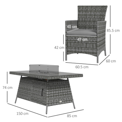 Ravezi Rattan Grey 6 Seater Garden Dining Set With Fire Pit Table Glass