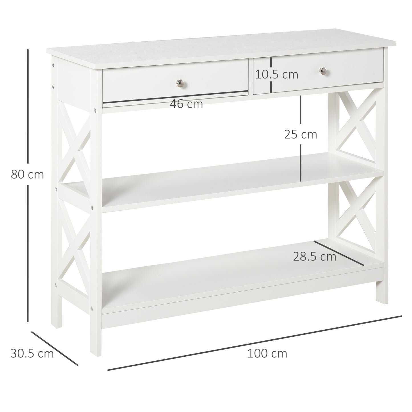 Ralupa 100cm Wooden White X Frame Console Table With Drawers And Open Shelving