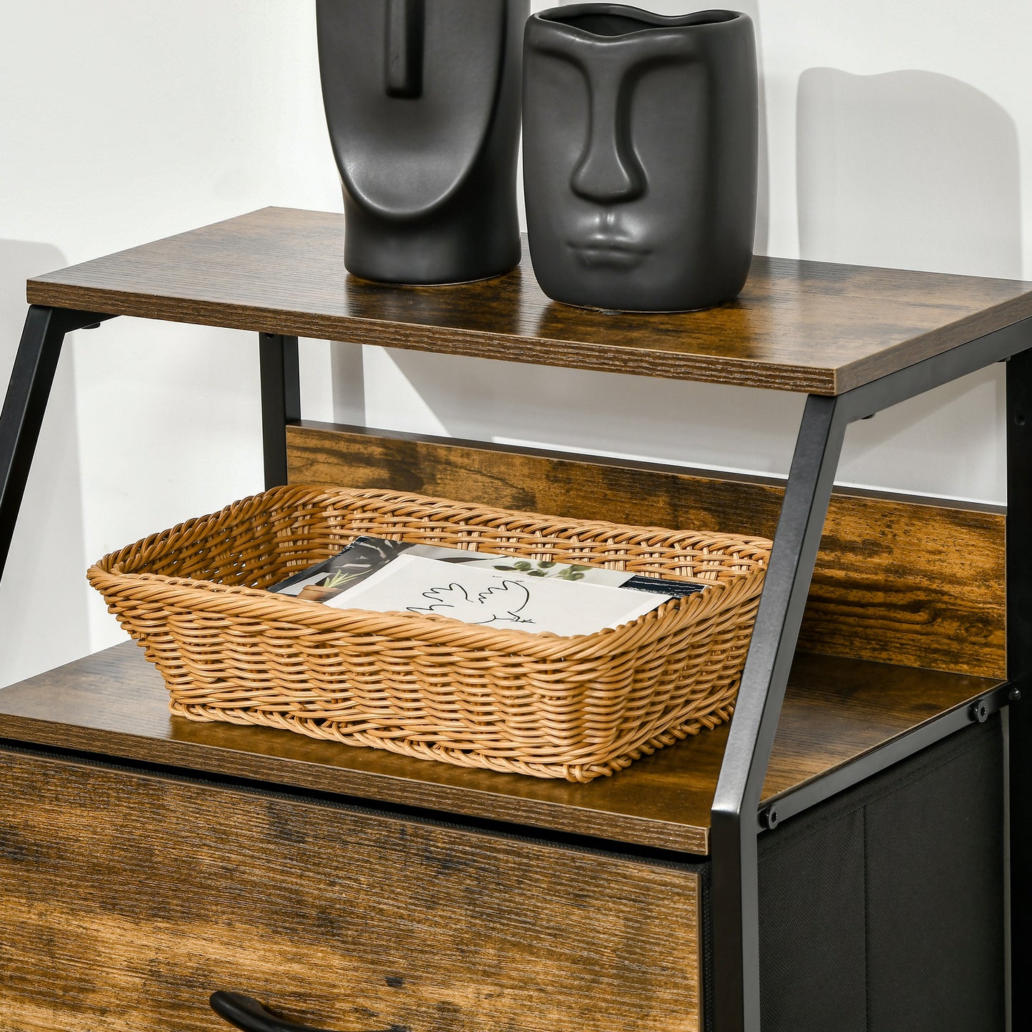 Elsuve Metal And Fabric Rustic Brown 3 Drawer Storage Chest With Display Shelf