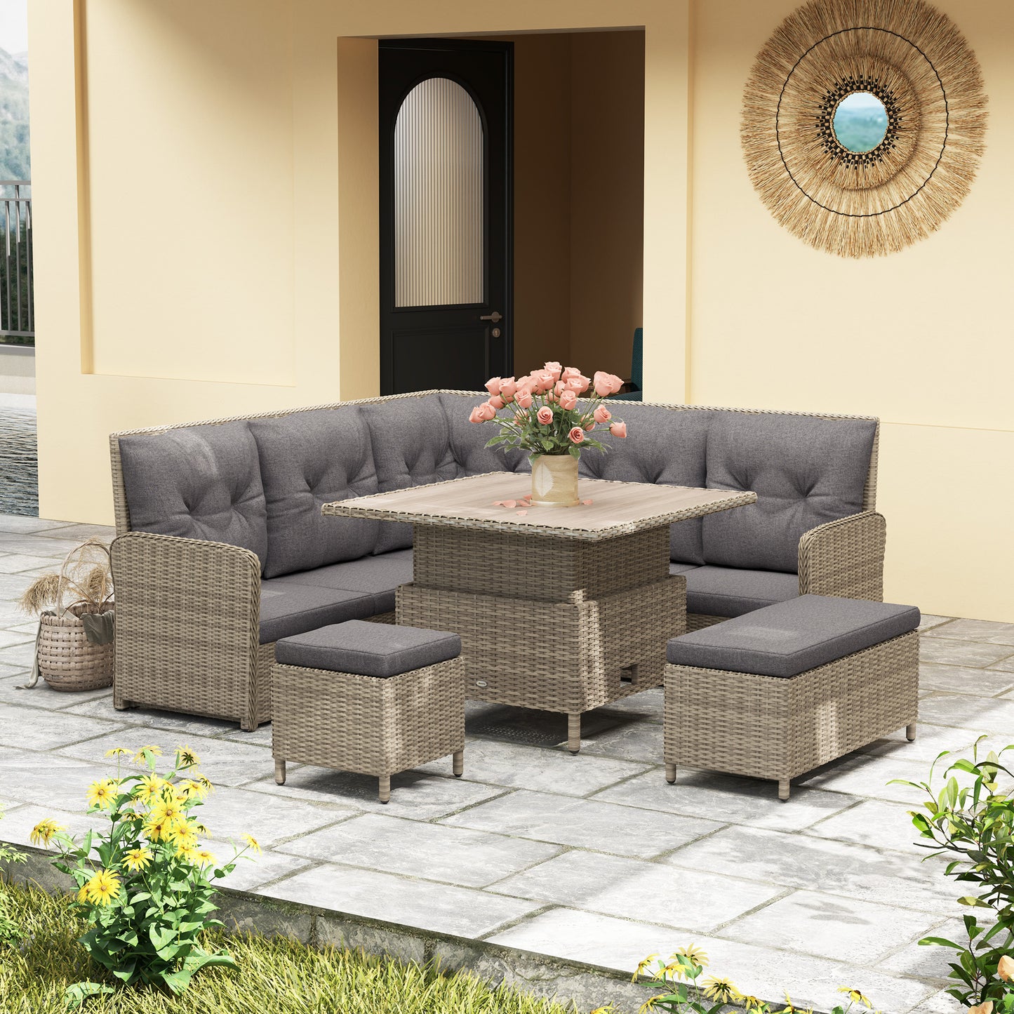 Mirase Light Grey Faux Rattan 9 Seater e Outdoor Corner Sofa Set With Lift Up Coffee Table