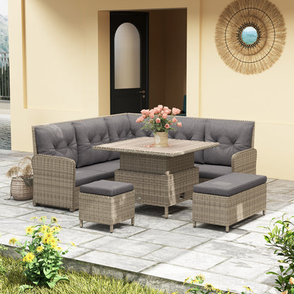 Mirase Light Grey Faux Rattan 9 Seater e Outdoor Corner Sofa Set With Lift Up Coffee Table
