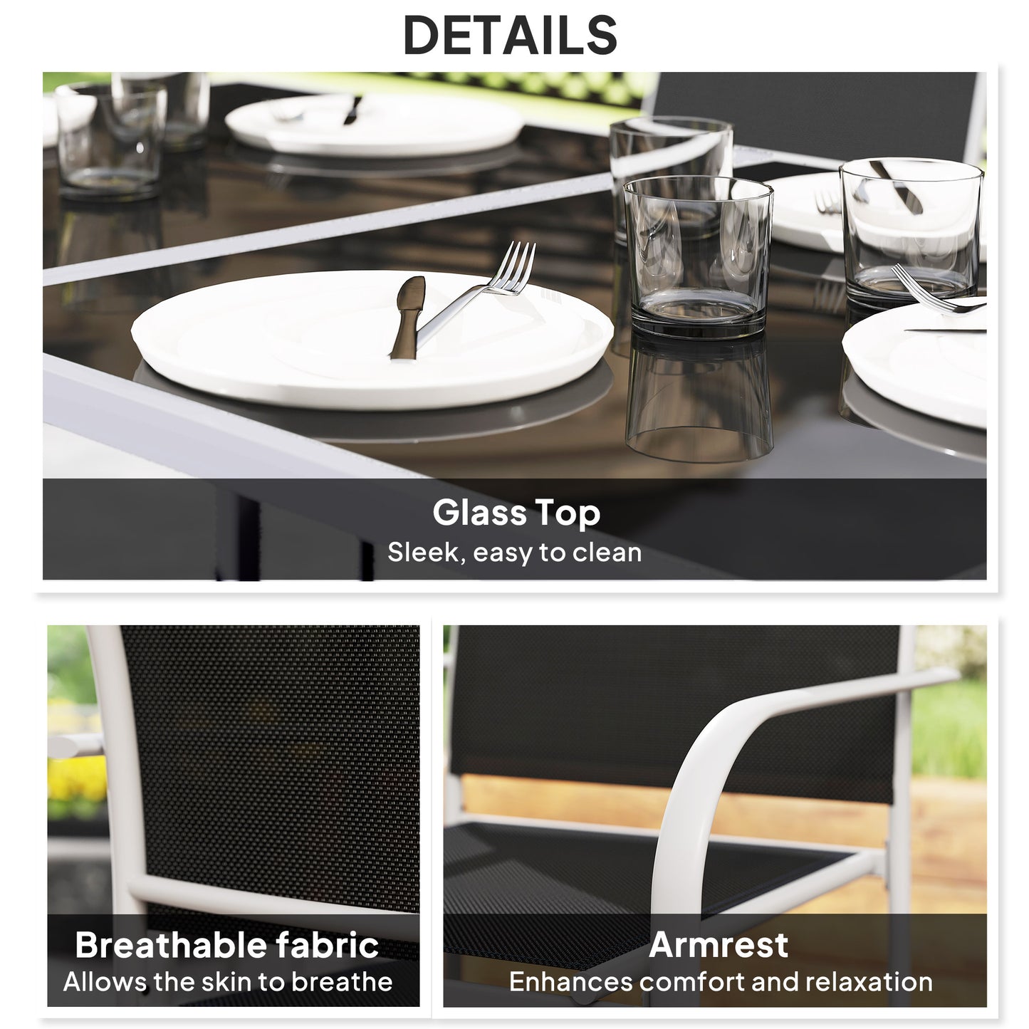 Fivedi 6 Seater Outdoor Garden Dining Set Tempered Glass Top Table and Stackable Mesh Chairs